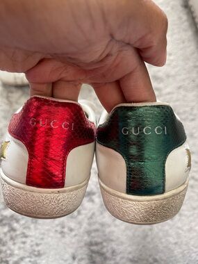 Gucci White Leather Sneakers with Red & Green Metallic Heel Tabs